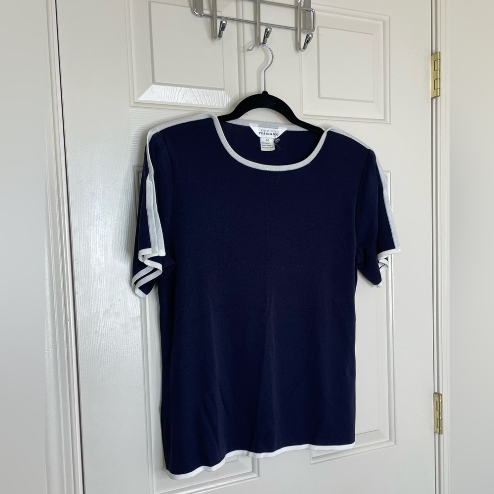 Misook Navy Blue White Trim Short Sleeve Knit Blouse Top | M - Picture 2 of 10